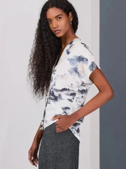Abstract Boat Print Short Sleeve V-Neck Blouse