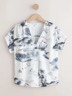 Abstract Boat Print Short Sleeve V-Neck Blouse