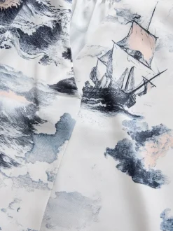 Abstract Boat Print Short Sleeve V-Neck Blouse