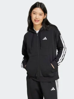 adidas Black Essentials 3-Stripes Full Zip Fleece Hoodie