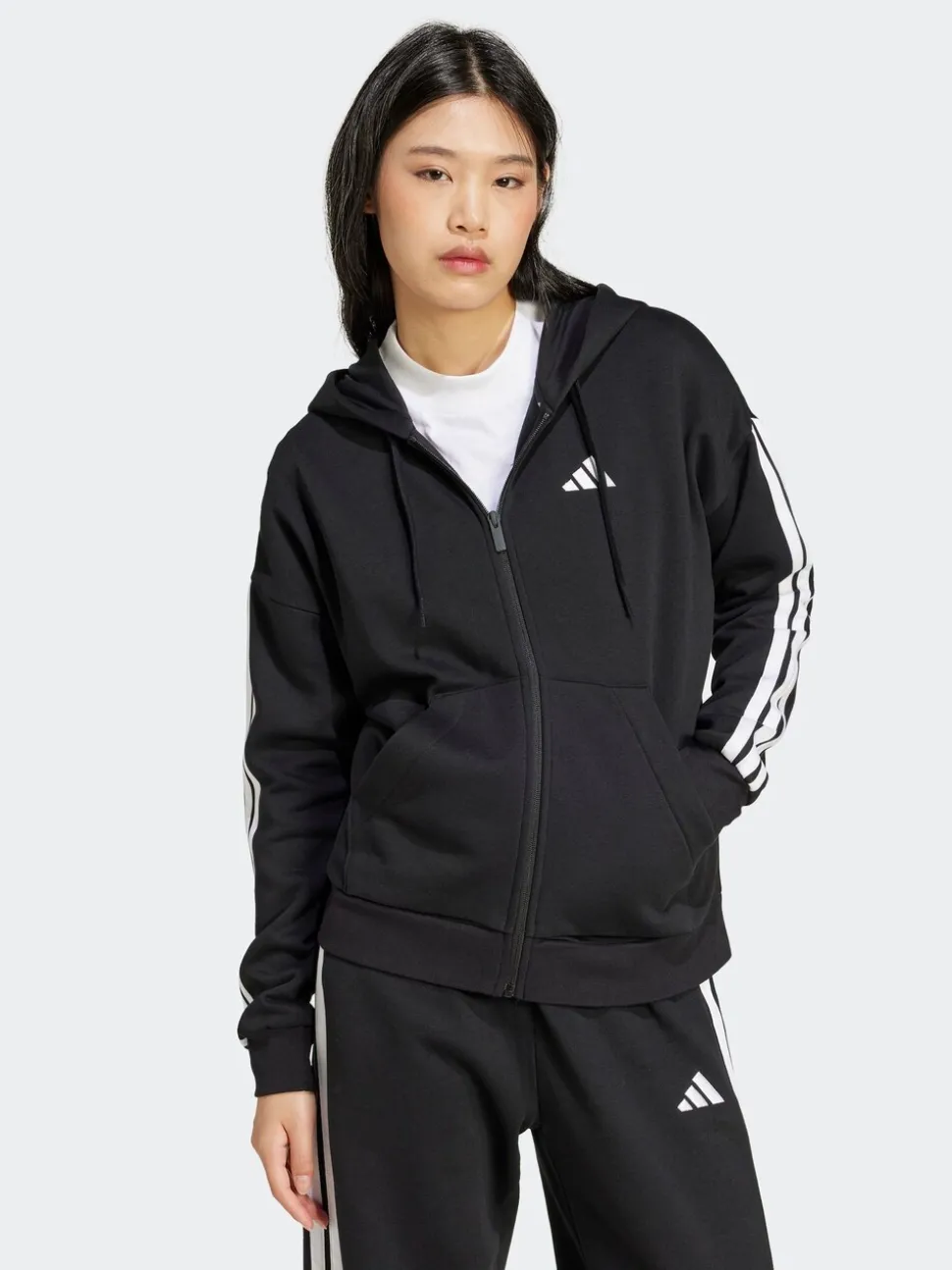 adidas Black Essentials 3-Stripes Full Zip Fleece Hoodie