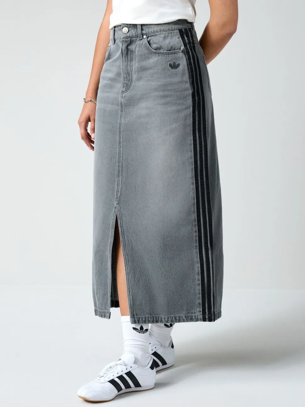 adidas Originals Grey Adicolour 3-Stripes Denim Midi Pencil 100% Cotton Skirt
