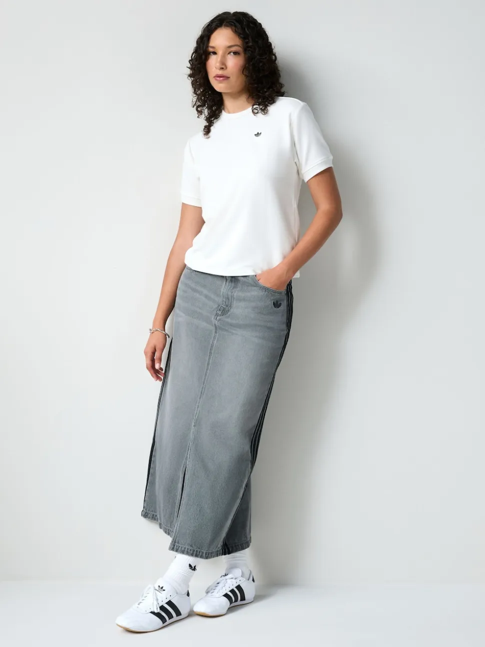 adidas Originals Grey Adicolour 3-Stripes Denim Midi Pencil 100% Cotton Skirt