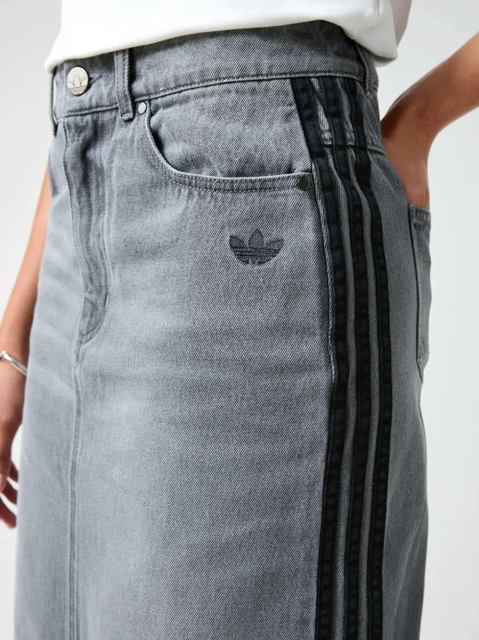adidas Originals Grey Adicolour 3-Stripes Denim Midi Pencil 100% Cotton Skirt