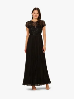 Adrianna Papell Black Bead Pleat Long Dress