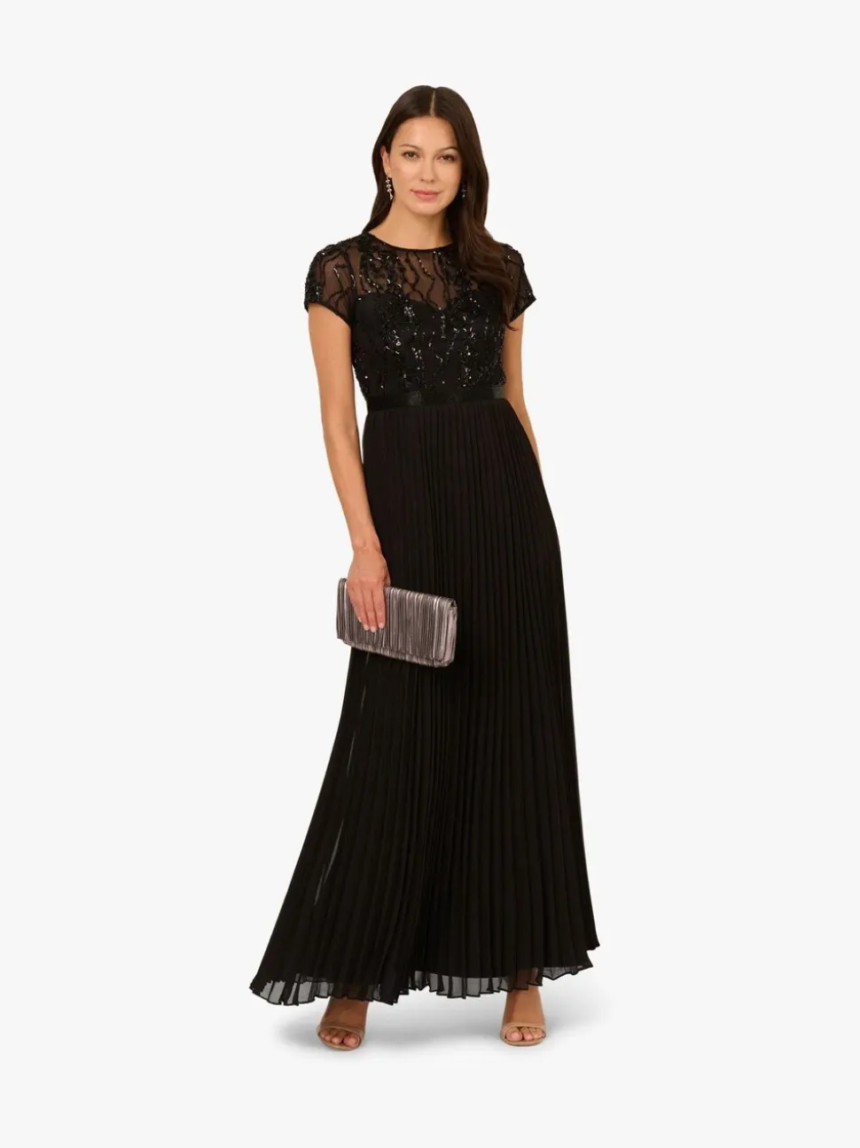 Adrianna Papell Black Bead Pleat Long Dress
