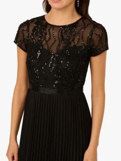 Adrianna Papell Black Bead Pleat Long Dress