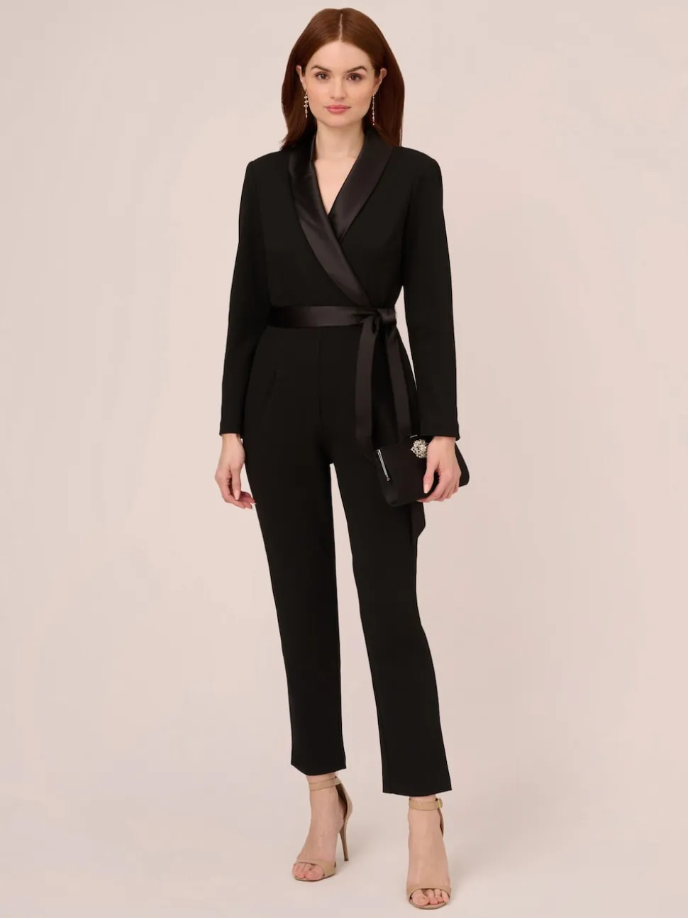Adrianna Papell Black Crepe Tuxedo Jumpsuit