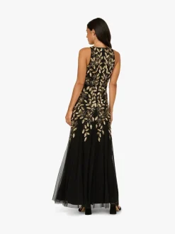 Adrianna Papell Black Halter Bead Godet Dress