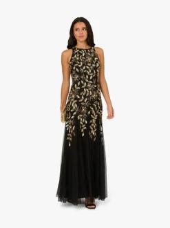 Adrianna Papell Black Halter Bead Godet Dress
