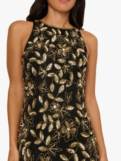 Adrianna Papell Black Halter Bead Godet Dress