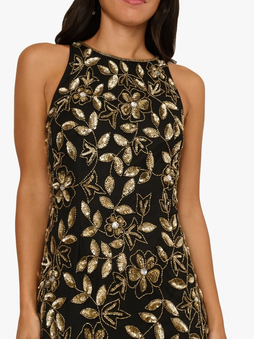 Adrianna Papell Black Halter Bead Godet Dress