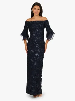 Adrianna Papell Blue Sequin Lace Combo Column Gown