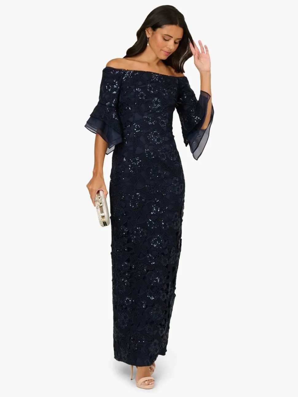 Adrianna Papell Blue Sequin Lace Combo Column Gown