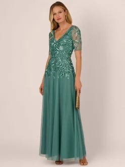 Adrianna Papell Green Studio Beaded Mesh Long Dress