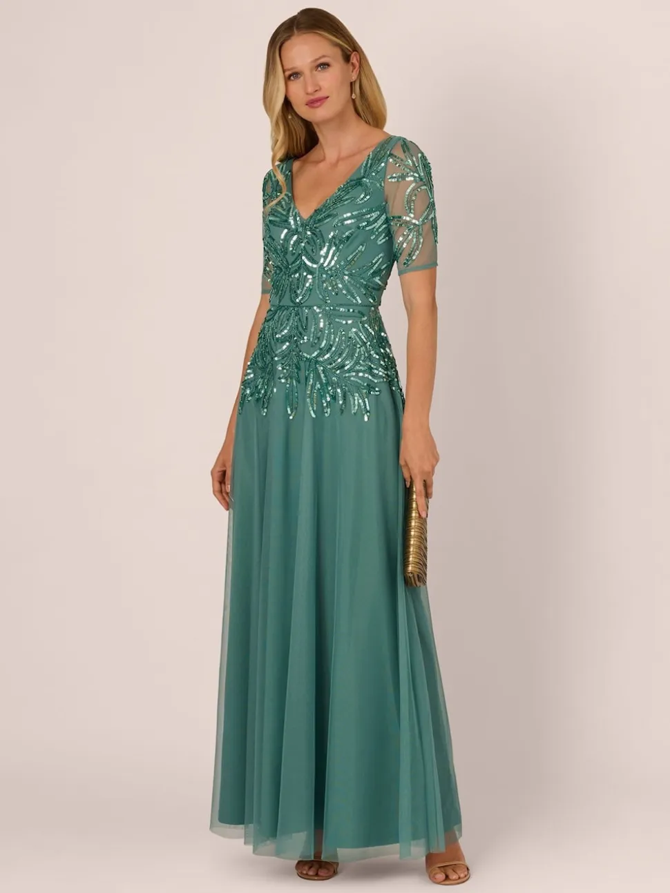 Adrianna Papell Green Studio Beaded Mesh Long Dress