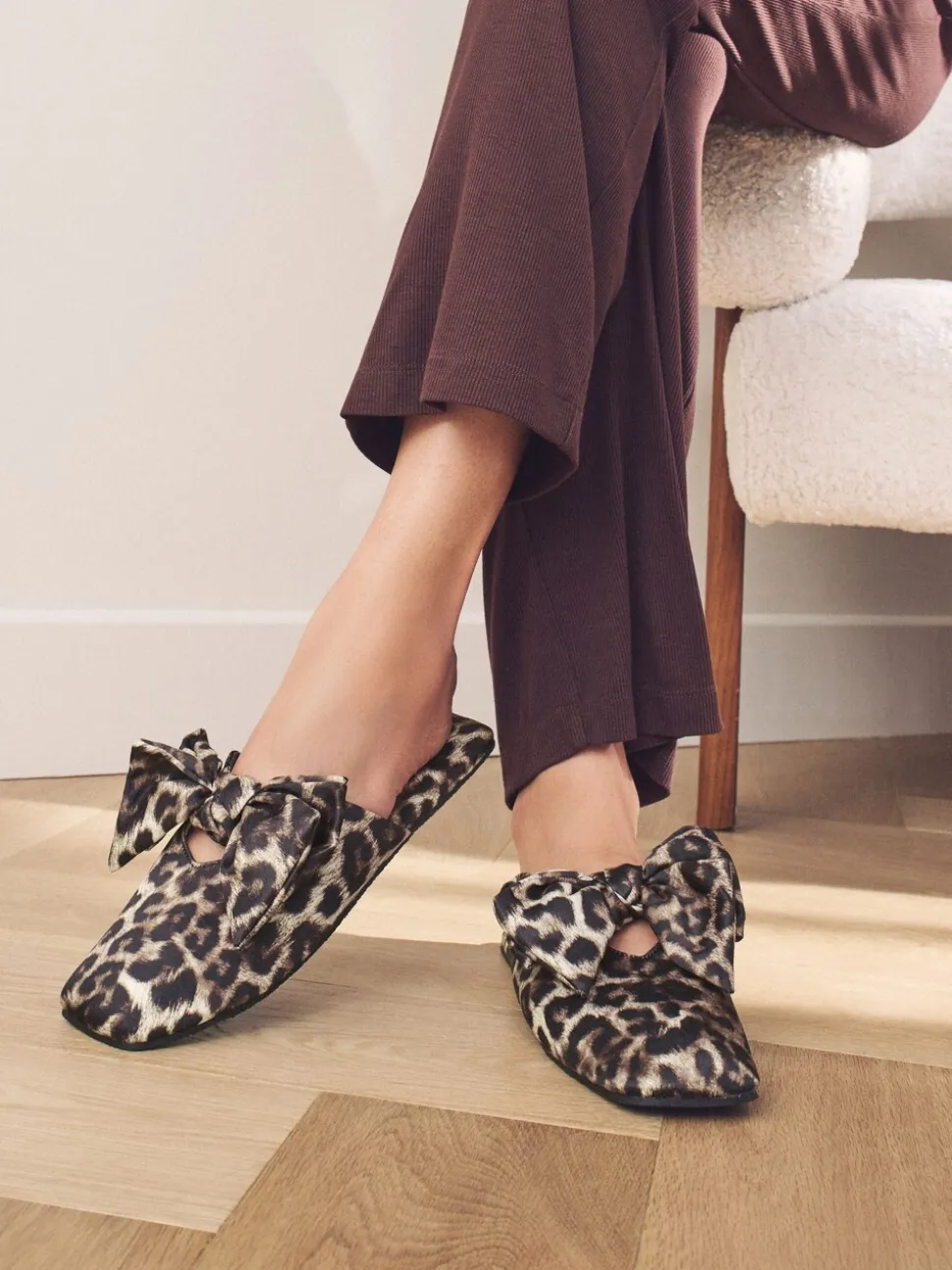 Animal Linen Blend Bow Mule Slippers