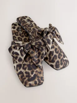 Animal Linen Blend Bow Mule Slippers