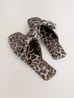 Animal Linen Blend Bow Mule Slippers