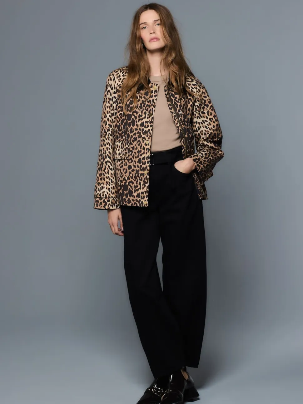 Animal Print Waxy Jacket with Cord Collar