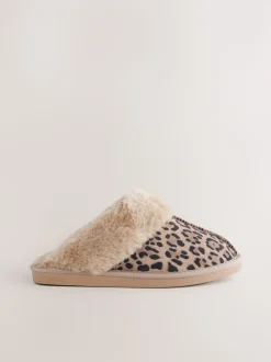 Animal Suede Faux Fur Lined Mule Slippers
