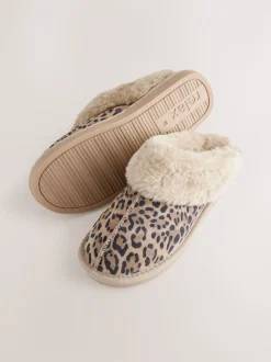 Animal Suede Faux Fur Lined Mule Slippers