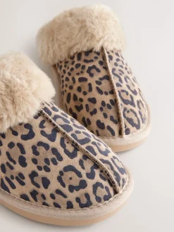 Animal Suede Faux Fur Lined Mule Slippers