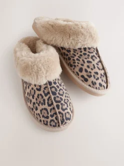 Animal Suede Faux Fur Lined Mule Slippers