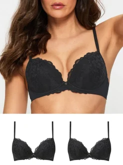 Ann Summers Black Pad Plunge Sexy Lace Underwired Bras 2 Pack