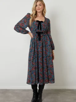 Another Sunday Black Bow Detail Milkmaid Midi Dress