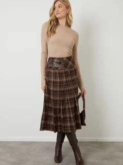 Another Sunday Brown Check Buckle Detail Midi Dress