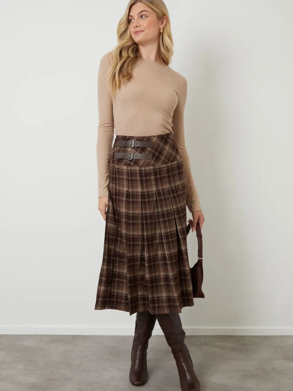 Another Sunday Brown Check Buckle Detail Midi Dress