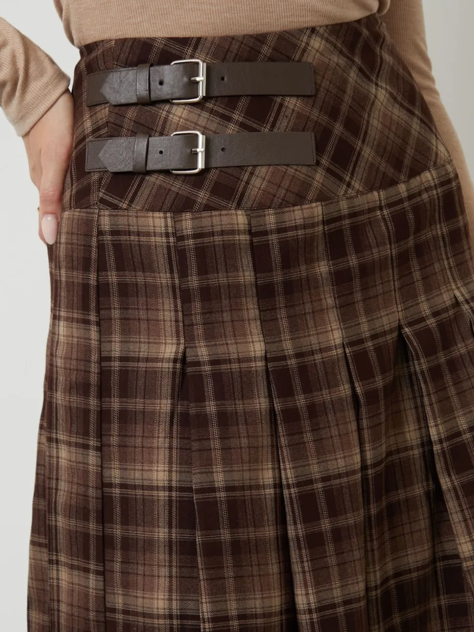 Another Sunday Brown Check Buckle Detail Midi Dress