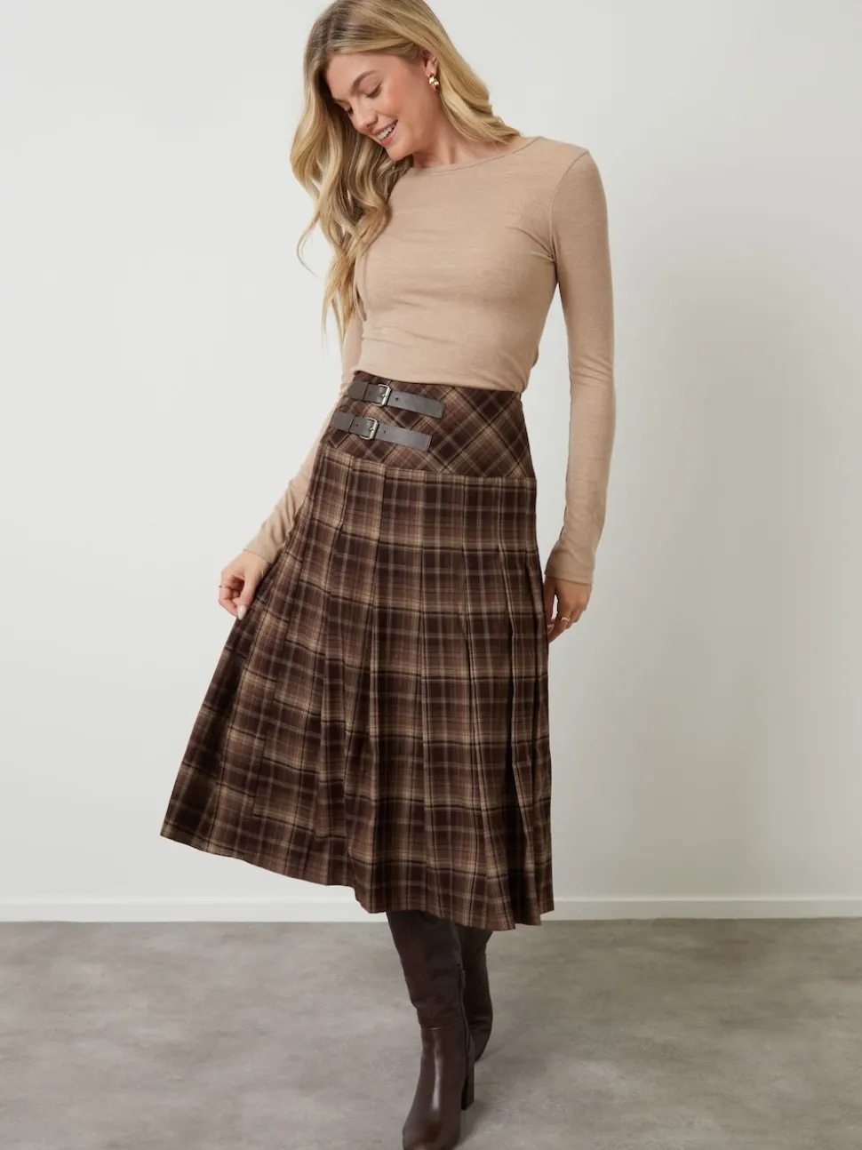 Another Sunday Brown Check Buckle Detail Midi Dress