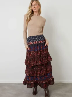 Another Sunday Brown Floral Tiered Maxi Skirt