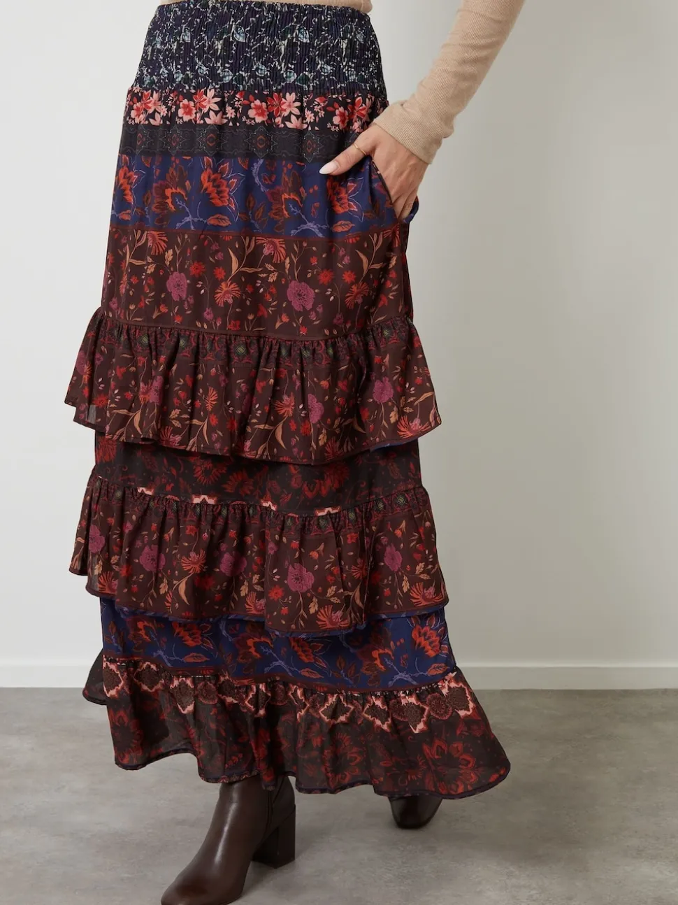 Another Sunday Brown Floral Tiered Maxi Skirt