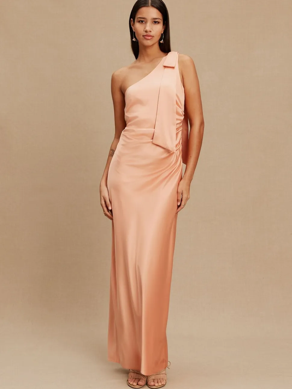 Apricot Bow One Shoulder Maxi Bridesmaid Dress