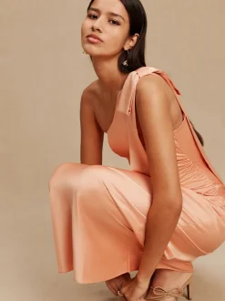 Apricot Bow One Shoulder Maxi Bridesmaid Dress