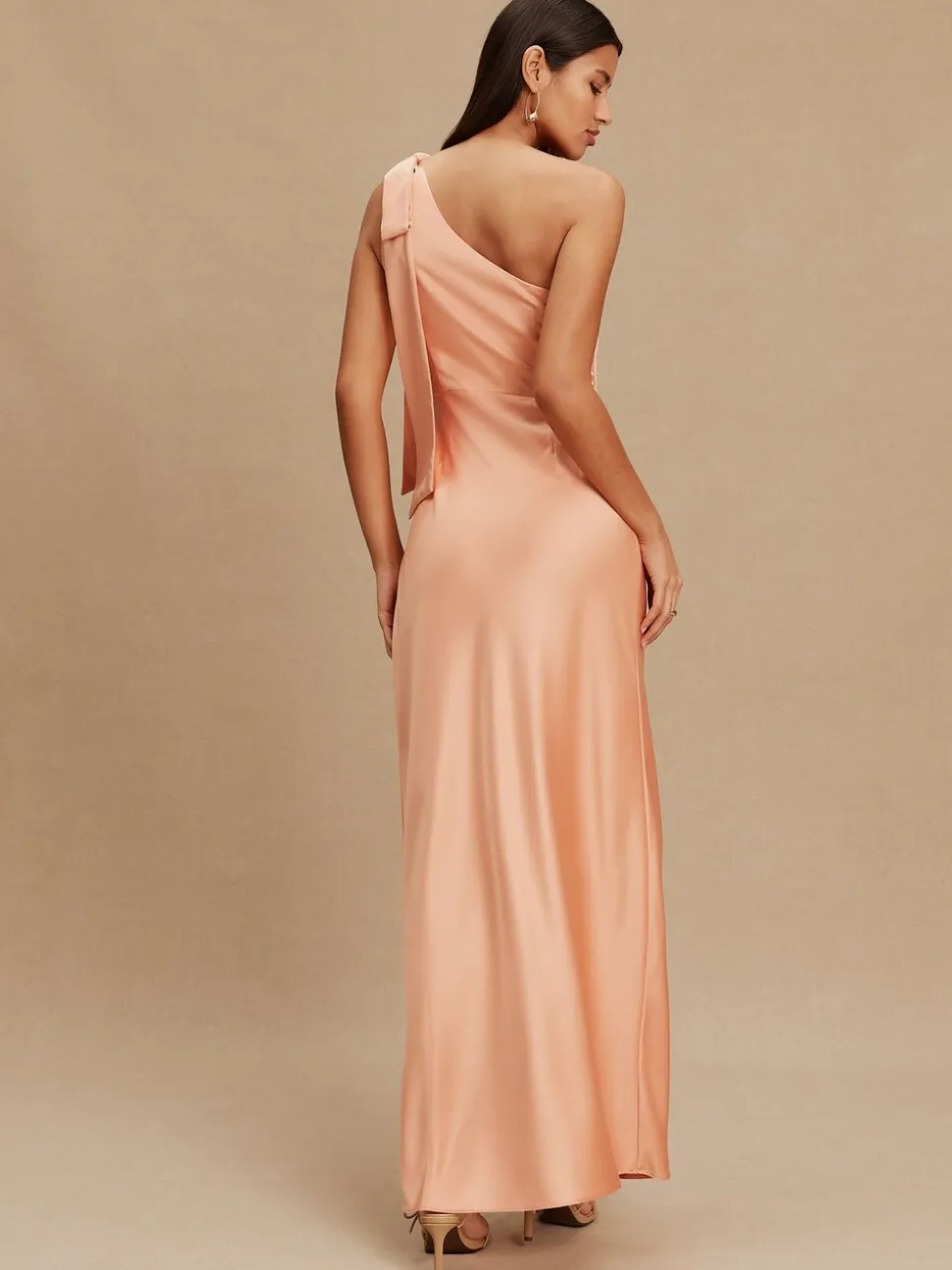 Apricot Bow One Shoulder Maxi Bridesmaid Dress