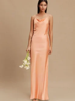 Apricot Satin Cowl Neck Wedding Guest Bridesmaid Maxi Dress