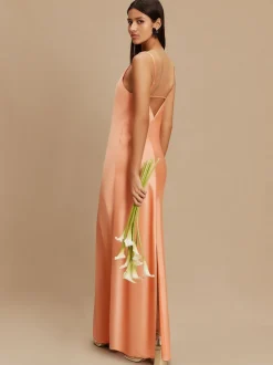 Apricot Satin Cowl Neck Wedding Guest Bridesmaid Maxi Dress