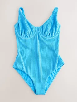 Aqua Blue Crinkle Tummy Control DD+ Wired Swimsuit