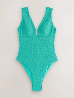 Aqua Green Crinkle Textured Plunge Shaping Tummy Control Swimsuit