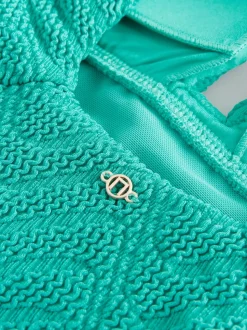 Aqua Green Crinkle Textured Plunge Shaping Tummy Control Swimsuit