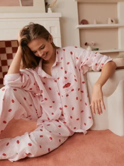 Bath & Body Works Pink/Red All Over Lips Button Through Cotton Pyjamas Set