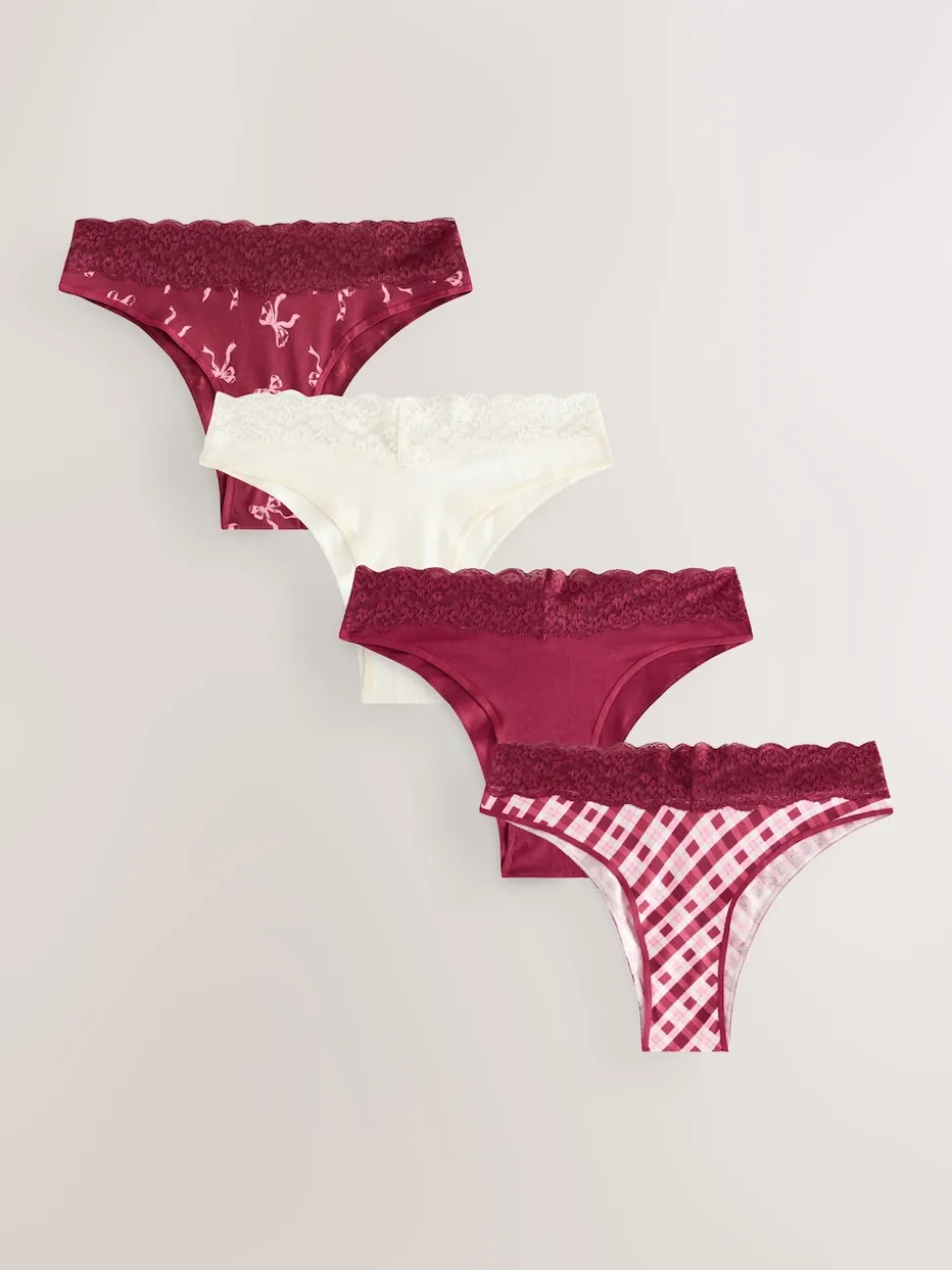 Berry Bow Print Extra High Leg Cotton Lace Knickers 4 Pack