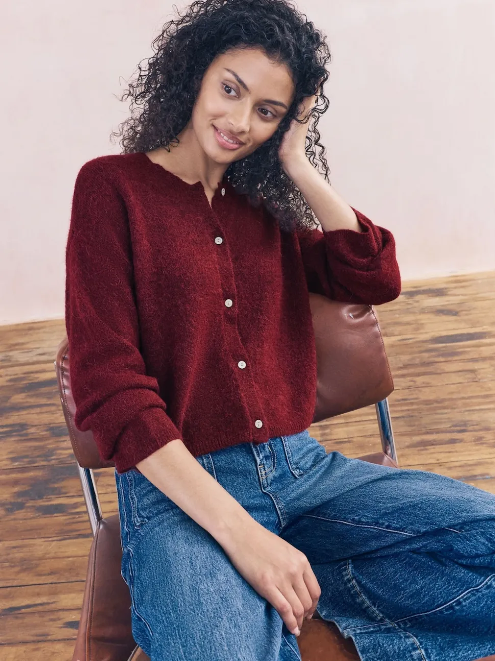 Berry Red Soft Touch Crew Neck Knitted Cardigan With Wool