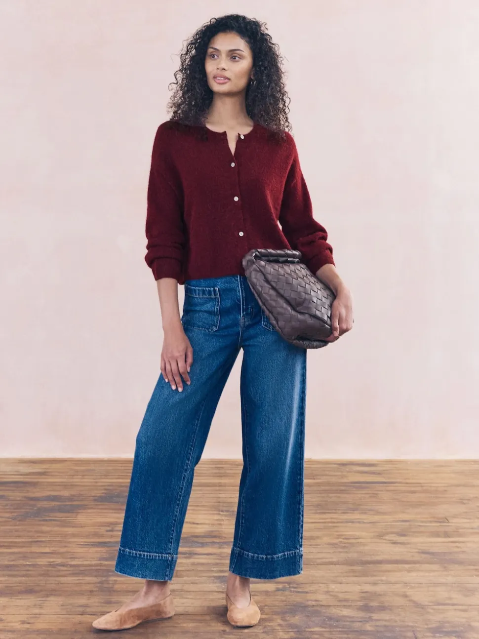 Berry Red Soft Touch Crew Neck Knitted Cardigan With Wool