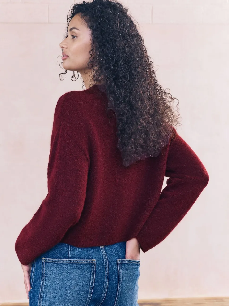 Berry Red Soft Touch Crew Neck Knitted Cardigan With Wool