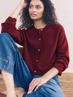 Berry Red Soft Touch Crew Neck Knitted Cardigan With Wool
